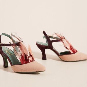 Anthropologie Paola d’Arcano Sabbia Feather Pink Burgundy Heels 38 8 SEE PHOTOS